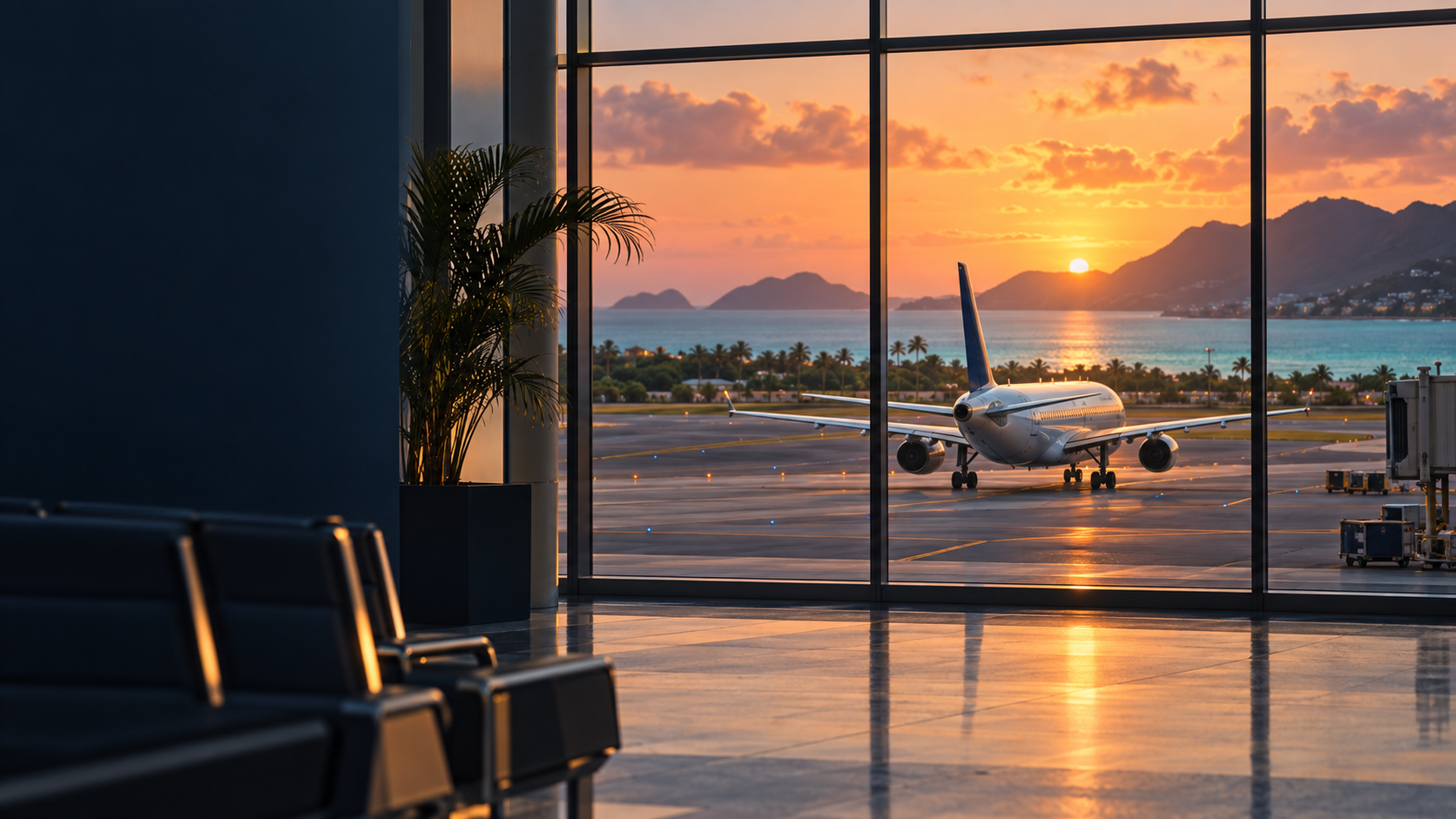 Avion prêt au départ devant une destination tropicale au coucher du soleil